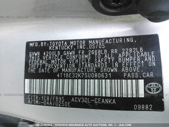 4T1BE32K75U080631 - 2005 TOYOTA CAMRY LE/XLE/SE Күміс фото 9