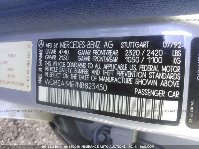 WDBEA34E7NB823450 - 1992 MERCEDES-BENZ 400 E Light Blue photo 9