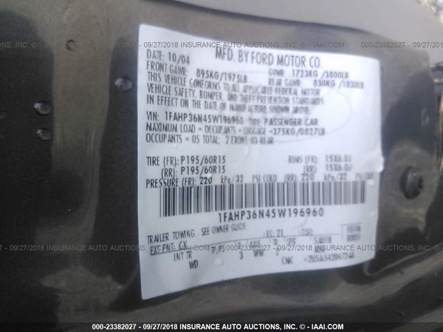 1FAHP36N45W196960 - 2005 FORD FOCUS ZXW GRAY photo 9