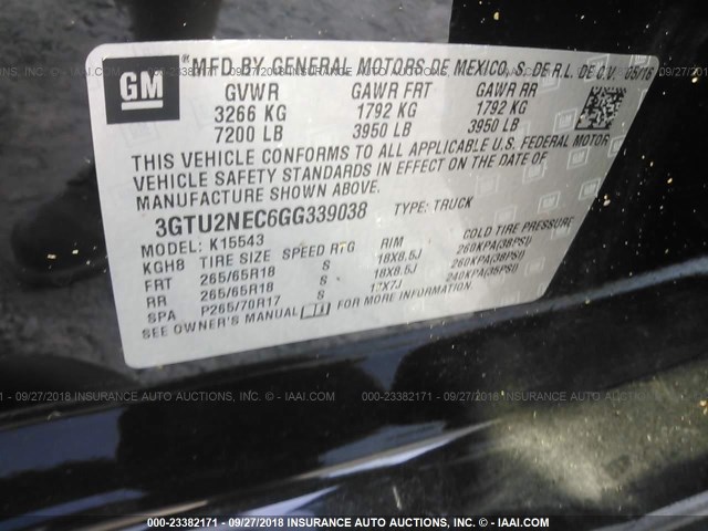 3GTU2NEC6GG339038 - 2016 GMC SIERRA K1500 SLT BLACK photo 9