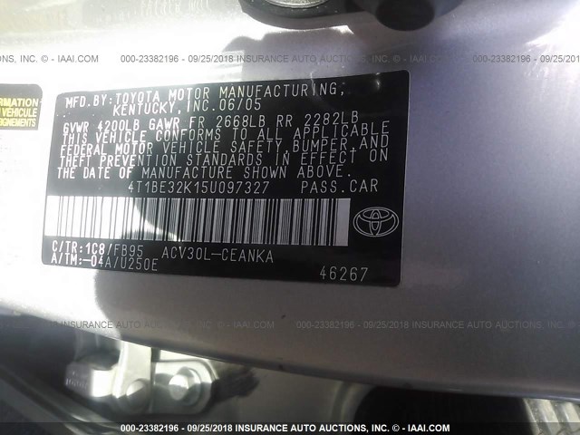4T1BE32K15U097327 - 2005 TOYOTA CAMRY LE/XLE/SE SILVER photo 9