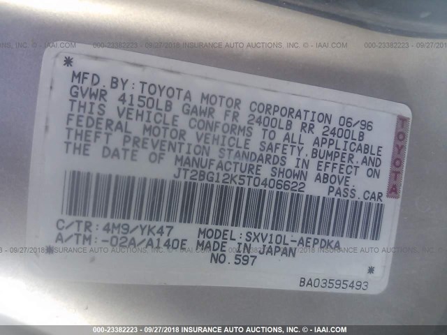 JT2BG12K5T0406622 - 1996 TOYOTA CAMRY DX/LE/XLE TAN photo 9