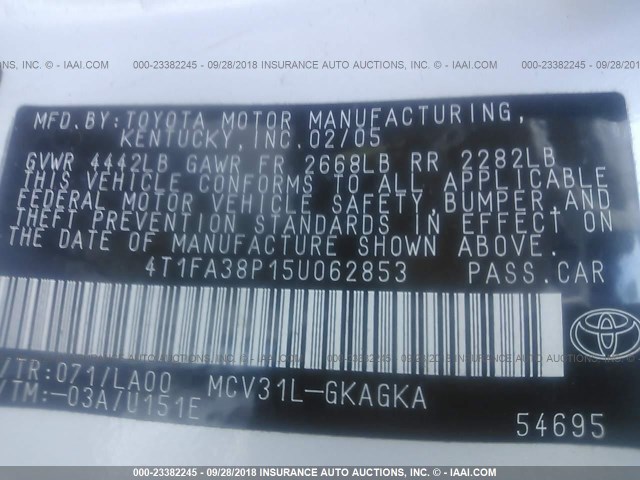 4T1FA38P15U062853 - 2005 TOYOTA CAMRY SOLARA SE/SLE Ağ foto 9