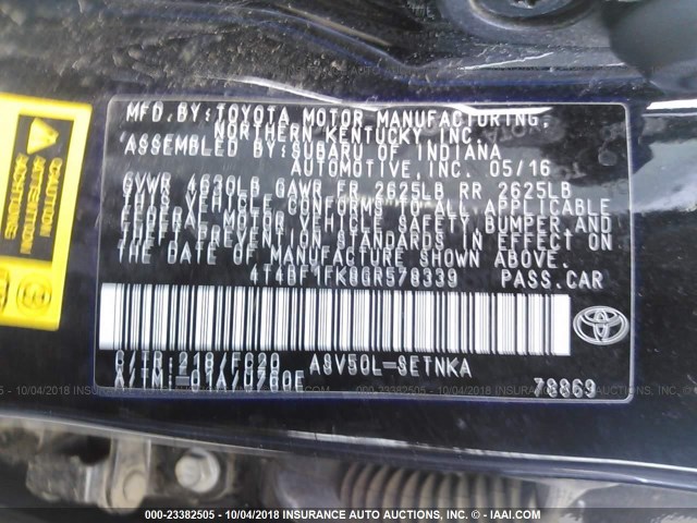 4T4BF1FK8GR578339 - 2016 TOYOTA CAMRY LE/XLE/SE/XSE 黑色 照片 9