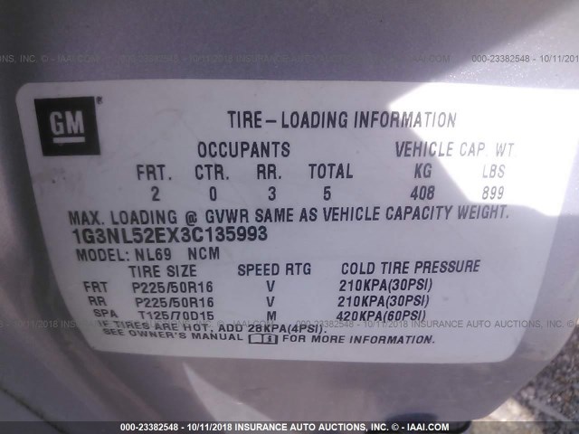 1G3NL52EX3C135993 - 2003 OLDSMOBILE ALERO GL 银色 照片 9