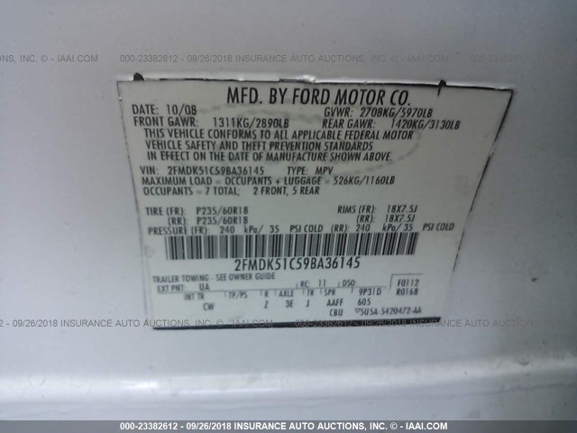 2FMDK51C59BA36145 - 2009 FORD FLEX SE WHITE photo 9