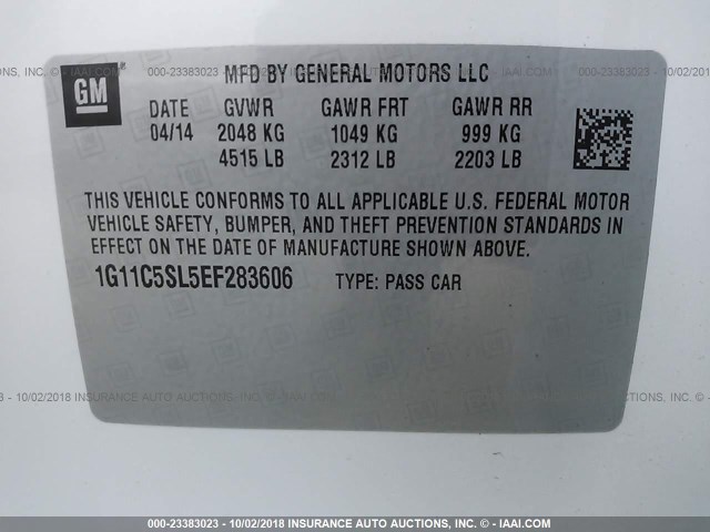 1G11C5SL5EF283606 - 2014 CHEVROLET MALIBU 1LT WHITE photo 9