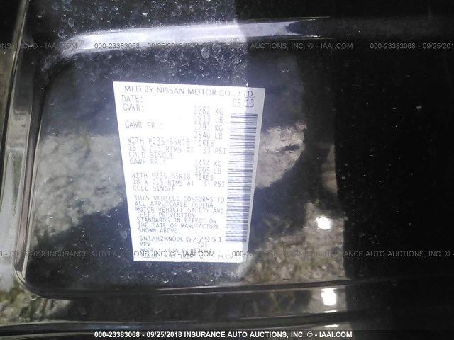 5N1AR2MN0DC677951 - 2013 NISSAN PATHFINDER S/SV/SL/PLATINUM BLACK photo 9