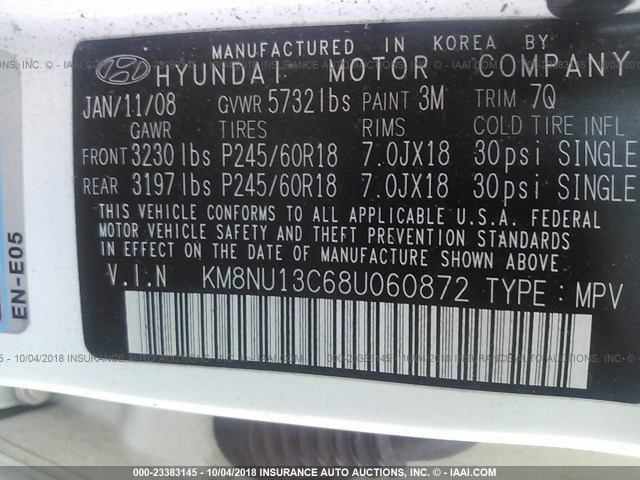 KM8NU13C68U060872 - 2008 HYUNDAI VERACRUZ GLS/SE/LIMITED WHITE photo 9