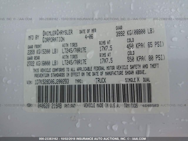 1D7KS28D06J200293 - 2006 DODGE RAM 2500 ST/SLT 白色 照片 9
