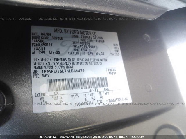 1FMFU16L74LB46479 - 2004 FORD EXPEDITION XLT GRAY photo 9