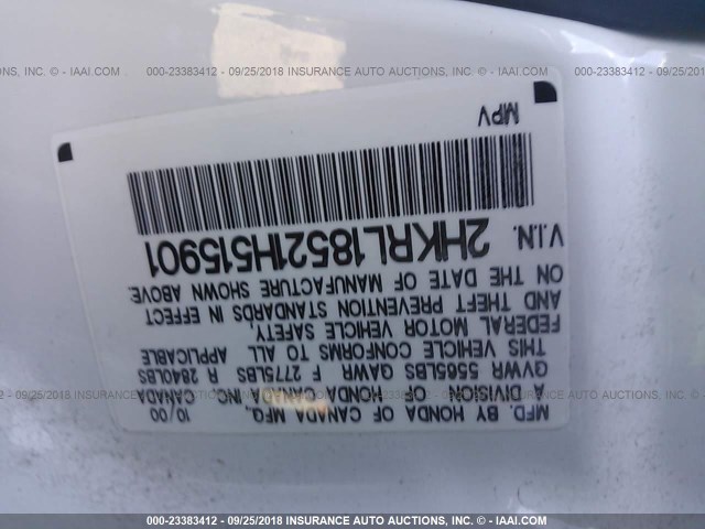 2HKRL18521H515901 - 2001 HONDA ODYSSEY LX WHITE photo 9