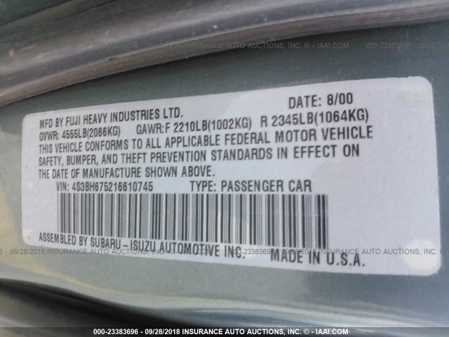 4S3BH675216610745 - 2001 SUBARU LEGACY OUTBACK AWP 绿色 照片 9