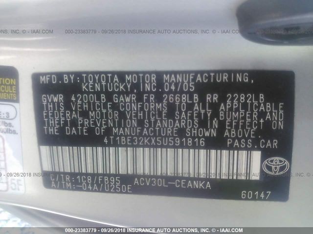 4T1BE32KX5U591816 - 2005 TOYOTA CAMRY LE/XLE/SE Күміс фото 9