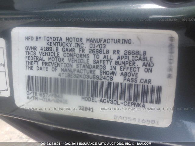 4T1BE32K03U692408 - 2003 TOYOTA CAMRY LE/XLE/SE GREEN photo 9