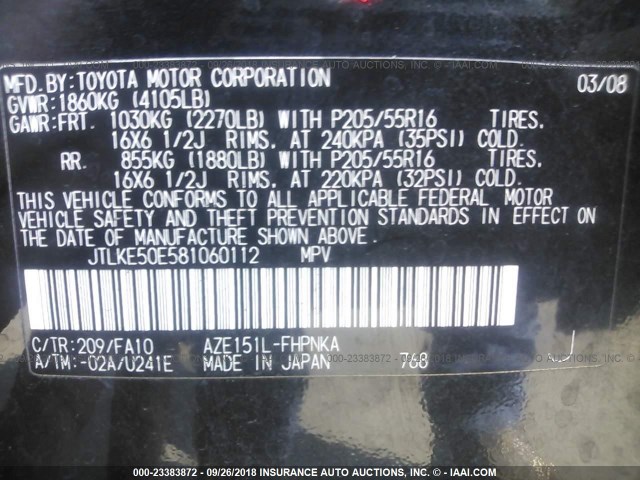 JTLKE50E581060112 - 2008 TOYOTA SCION XB Қара фото 9