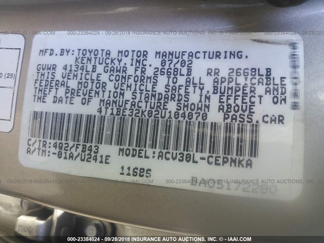 4T1BE32K02U104070 - 2002 TOYOTA CAMRY LE/XLE/SE GOLD photo 9