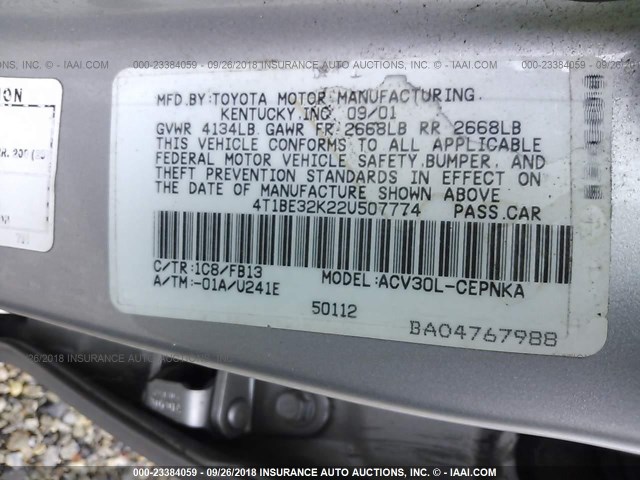 4T1BE32K22U507774 - 2002 TOYOTA CAMRY LE/XLE/SE Күміс фото 9