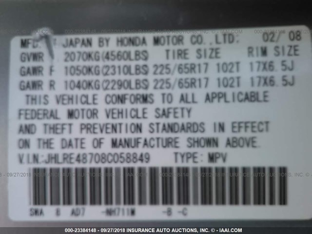 JHLRE48708C058849 - 2008 HONDA CR-V EXL SILVER photo 9