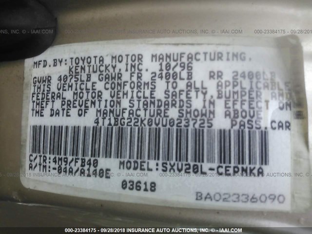 4T1BG22K0VU023725 - 1997 TOYOTA CAMRY CE/LE/XLE 棕色 照片 9
