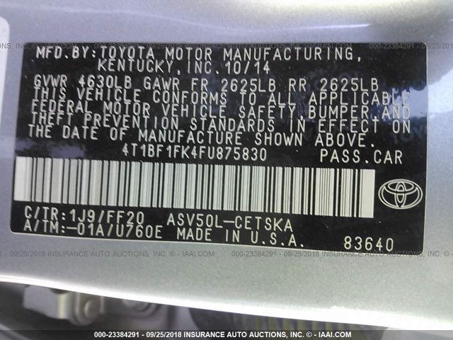 4T1BF1FK4FU875830 - 2015 TOYOTA CAMRY LE/XLE/SE/XSE 银色 照片 9