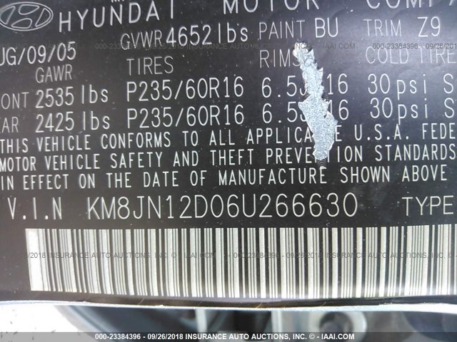 KM8JN12D06U266630 - 2006 HYUNDAI TUCSON GLS/LIMITED Light Blue photo 9