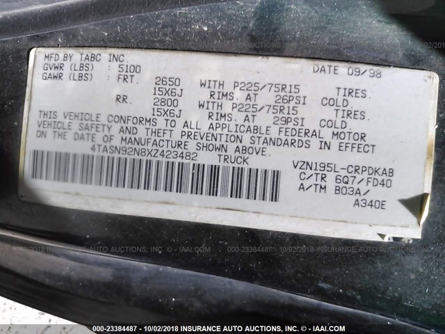 4TASN92N8XZ423482 - 1999 TOYOTA TACOMA XTRACAB PRERUNNER მწვანე ფოტო 9