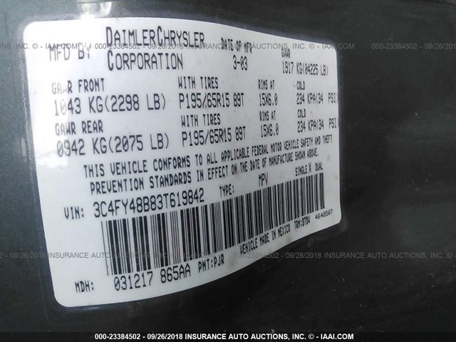 3C4FY48B83T619842 - 2003 CHRYSLER PT CRUISER CLASSIC 绿色 照片 9