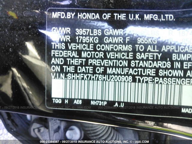 SHHFK7H76HU200908 - 2017 HONDA CIVIC EXL 黑色 照片 9