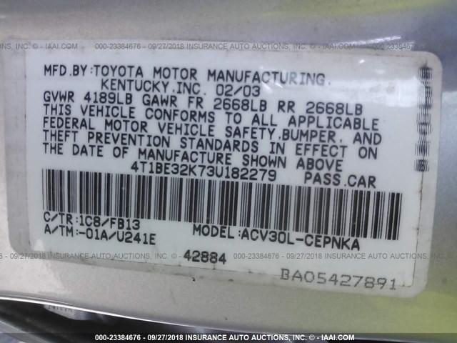 4T1BE32K73U182279 - 2003 TOYOTA CAMRY LE/XLE/SE SILVER photo 9