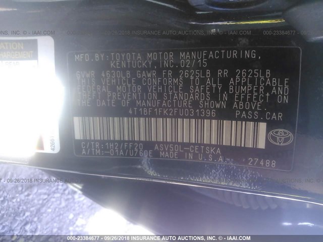 4T1BF1FK2FU031396 - 2015 TOYOTA CAMRY LE/XLE/SE/XSE Dark Blue photo 9