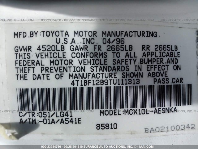 4T1BF12B9TU111313 - 1996 TOYOTA AVALON XL/XLS WHITE photo 9