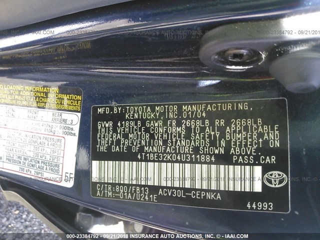 4T1BE32K04U311884 - 2004 TOYOTA CAMRY LE/XLE/SE 深蓝色 照片 9