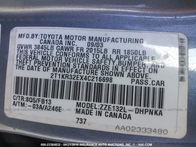 2T1KR32EX4C216698 - 2004 TOYOTA COROLLA MATRIX XR Light Blue photo 9