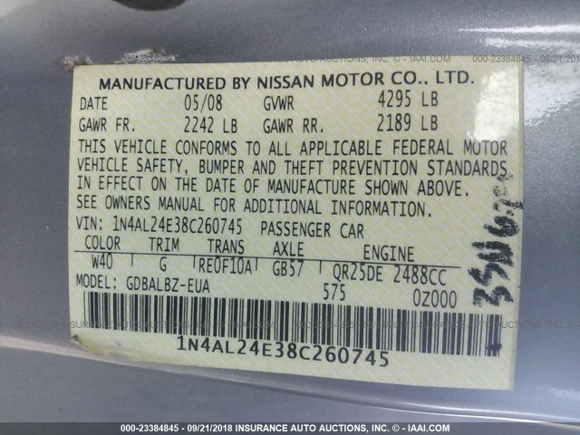 1N4AL24E38C260745 - 2008 NISSAN ALTIMA 2.5S GRAY photo 9