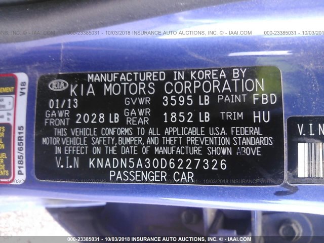 KNADN5A30D6227326 - 2013 KIA RIO EX/SX BLUE photo 9