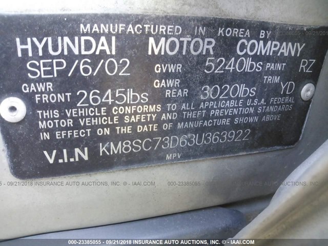 KM8SC73D63U363922 - 2003 HYUNDAI SANTA FE GLS/LX SILVER photo 9