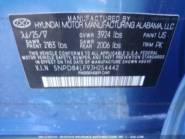 5NPD84LF9JH254442 - 2018 HYUNDAI ELANTRA SEL/VALUE/LIMITED BLUE photo 9