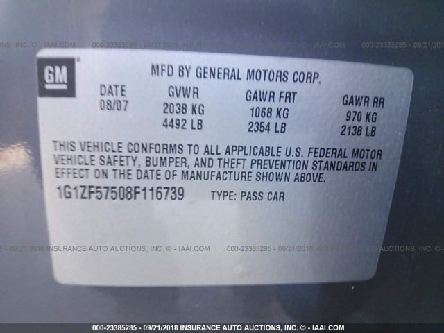 1G1ZF57508F116739 - 2008 CHEVROLET MALIBU HYBRID GRAY photo 9