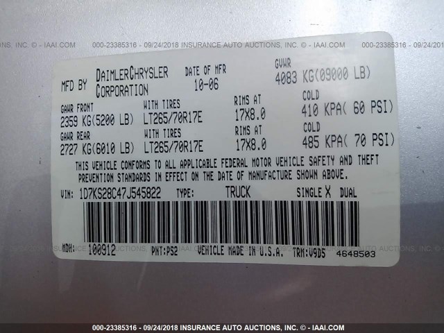 1D7KS28C47J545822 - 2007 DODGE RAM 2500 ST/SLT 银色 照片 9