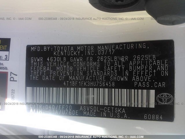 4T1BF1FK3HU756458 - 2017 TOYOTA CAMRY LE/XLE/SE/XSE 白色 照片 9