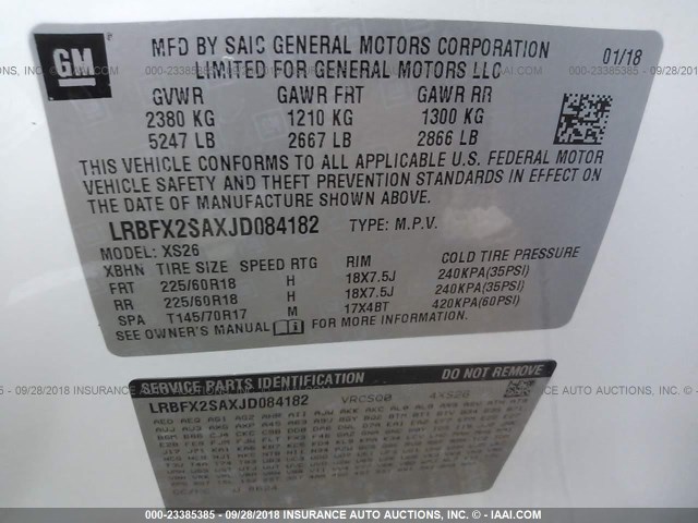 LRBFX2SAXJD084182 - 2018 BUICK ENVISION ESSENCE თეთრი ფოტო 9