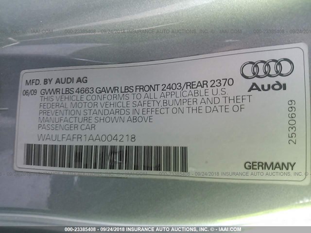 WAULFAFR1AA004218 - 2010 AUDI A5 PREMIUM PLUS GRAY photo 9