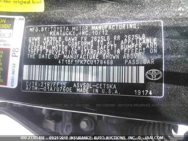 4T1BF1FK7CU178468 - 2012 TOYOTA CAMRY SE/LE/XLE შავი ფოტო 9