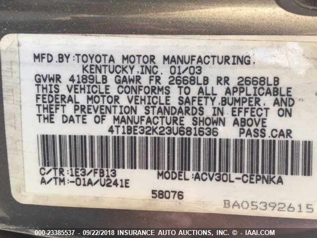 4T1BE32K23U681636 - 2003 TOYOTA CAMRY LE/XLE/SE 未知 照片 9