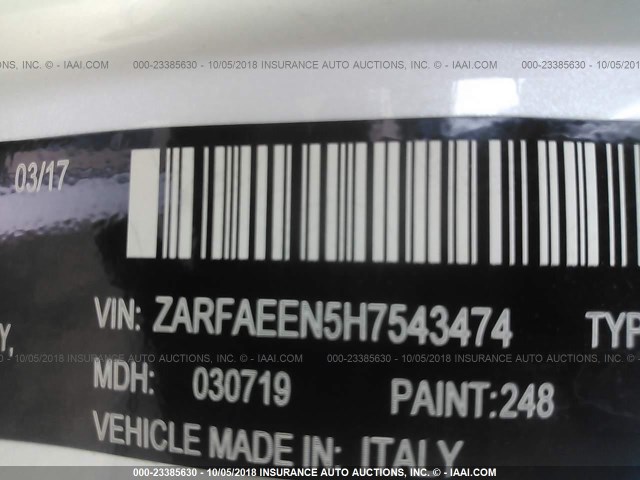 ZARFAEEN5H7543474 - 2017 ALFA ROMEO GIULIA TI Q4 WHITE photo 9