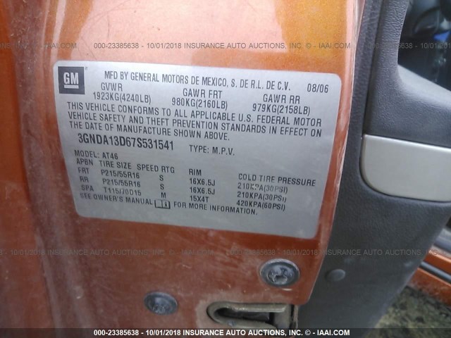 3GNDA13D67S531541 - 2007 CHEVROLET HHR LS Naranja foto 9