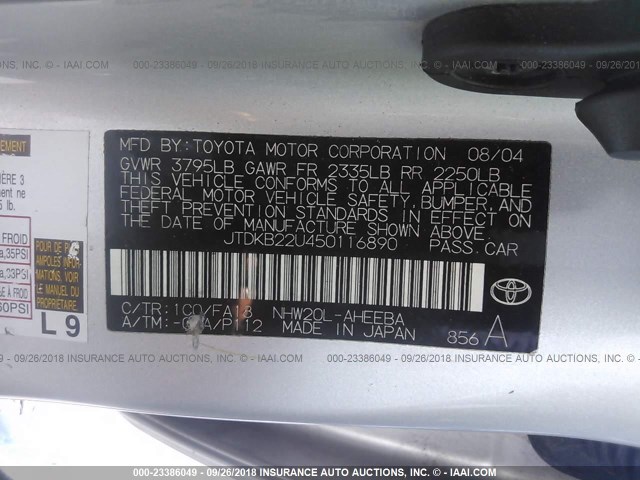 JTDKB22U450116890 - 2005 TOYOTA PRIUS SILVER photo 9