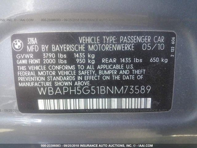 WBAPH5G51BNM73589 - 2011 BMW 328 I SULEV GRAY photo 9