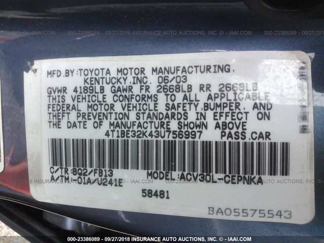 4T1BE32K43U756997 - 2003 TOYOTA CAMRY LE/XLE/SE BLUE photo 9